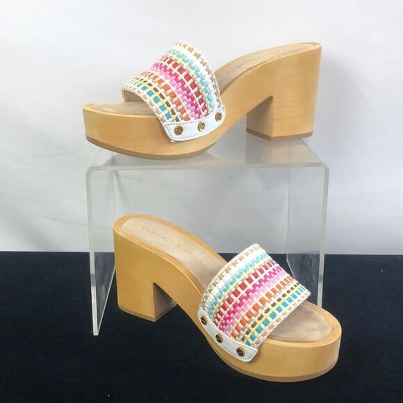 Veronica Beard White Multi Wood Bottom Clogs - Picture 1 of 9
